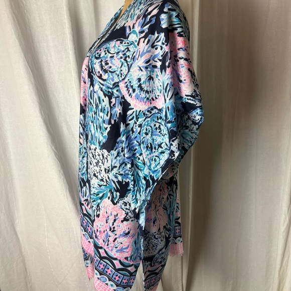 Lilly Pulitzer Party In Paradise Kimono Cover Up Wrap One Size Blue Pink No Tags - Picture 2 of 5
